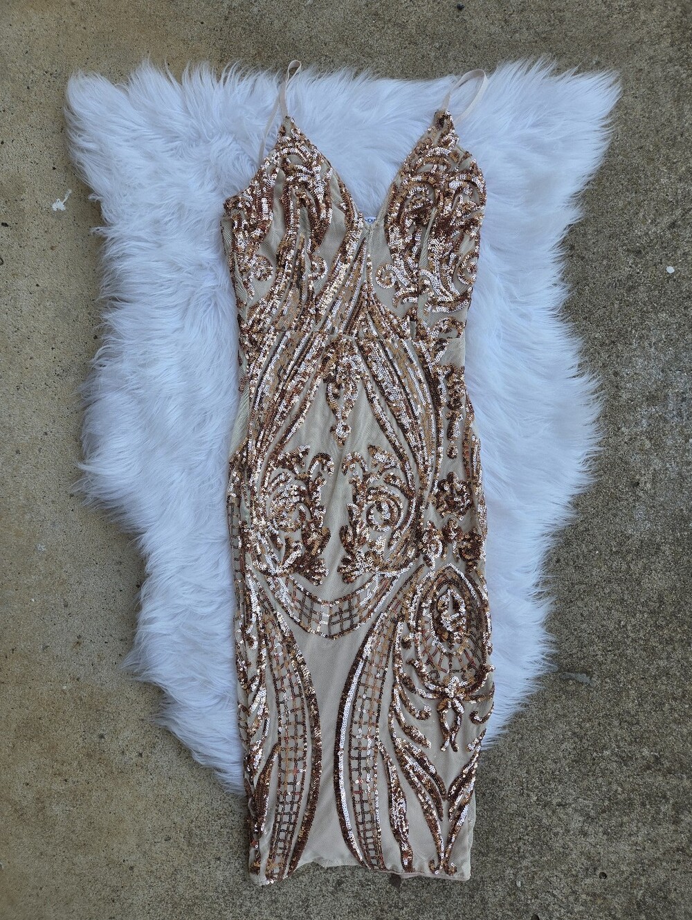 Fashion Nova - Rose Gold Sequin Bodycon Dress - Sleeveless V-Neck - Size Small
